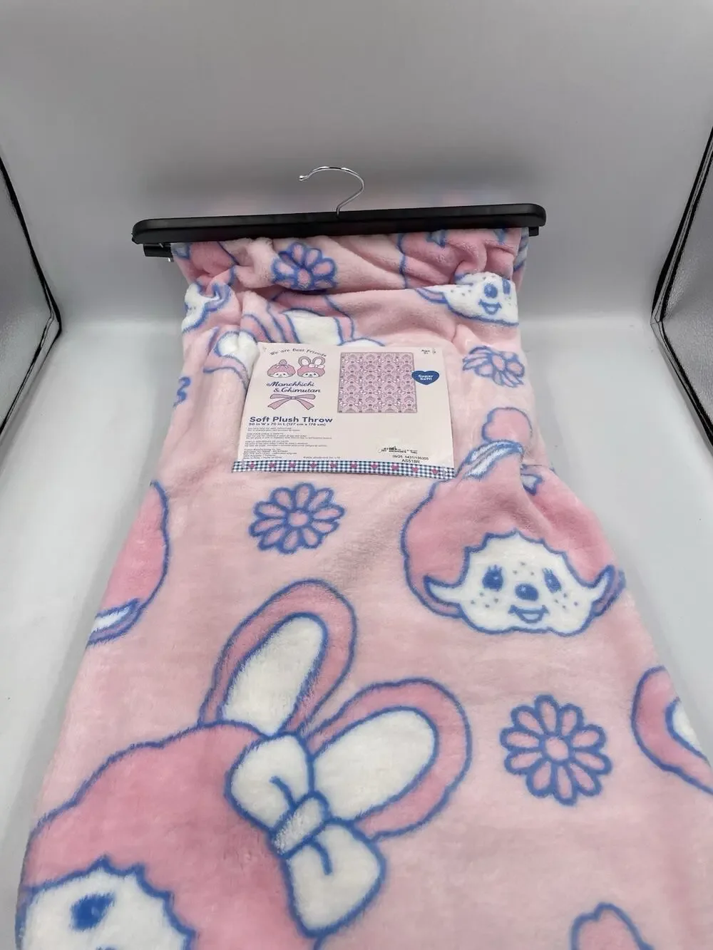 NEW Monchhichi & Ghimutan Pink and Blue Soft Plush Throw Blanket 50x70